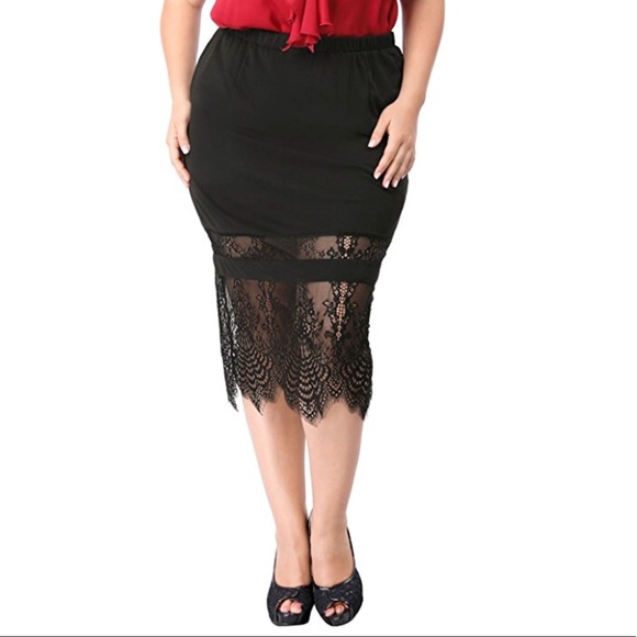 Plus Size Black Lace Trim Faltering Slim Fit Skirt - Picture 2 of 5